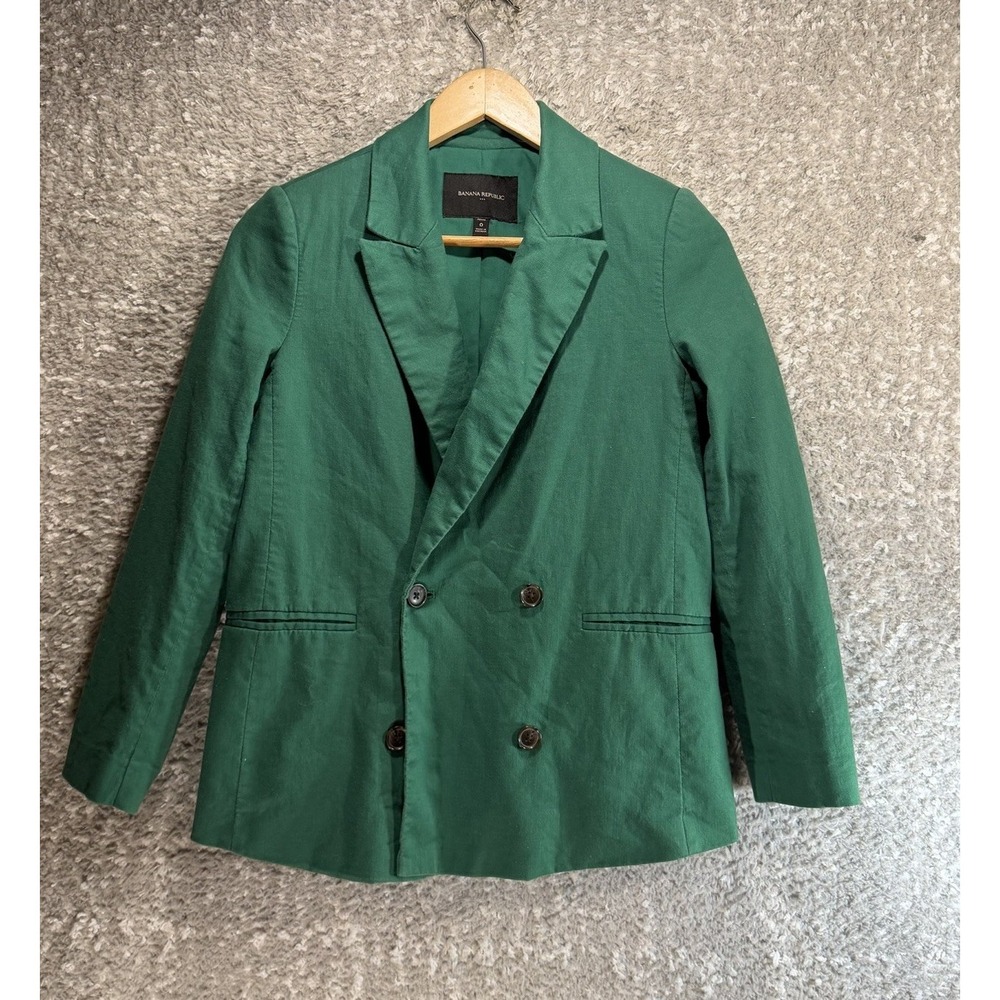 Banana Republic Blazer Double Breasted Green Linen Cotton Suit Jacket 0 Petite